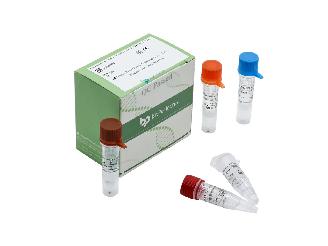BioPerfectus Influenza A and B Viruses Real Time PCR Kit with reagent tubes for molecular detection