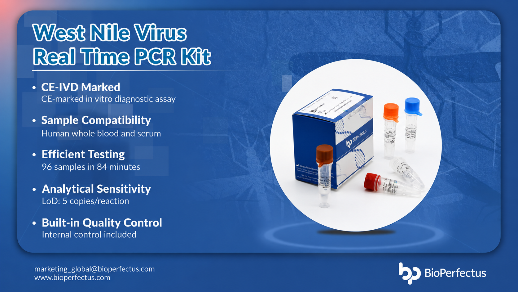 BioPerfectus West Nile Virus Real Time PCR Kit for detecting WNV RNA in human whole blood and serum, featuring CE-IVD marking and key assay specifications.