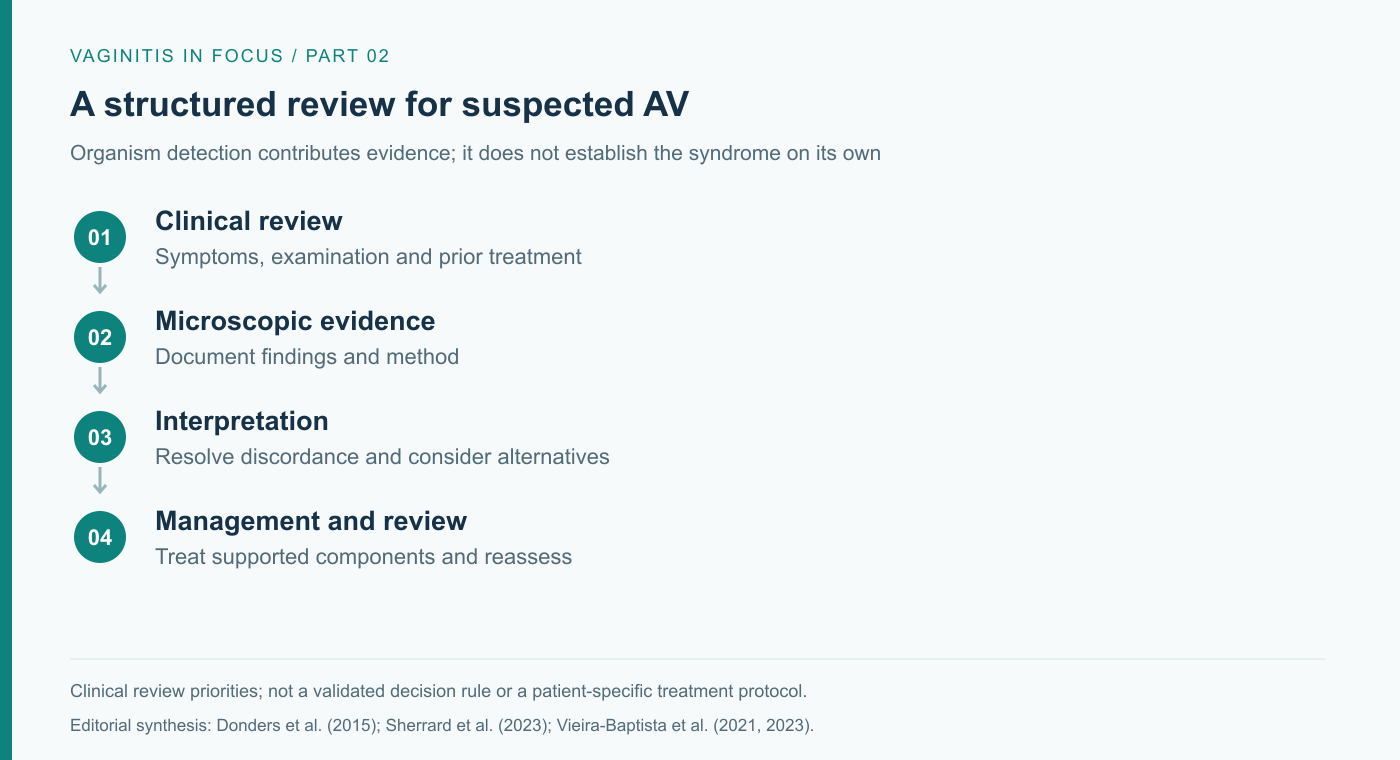 Clinical review framework for aerobic vaginitis covering diagnostic assessment, consideration of alternative diagnoses, treatment rationale, and triggers for follow-up and reassessment.