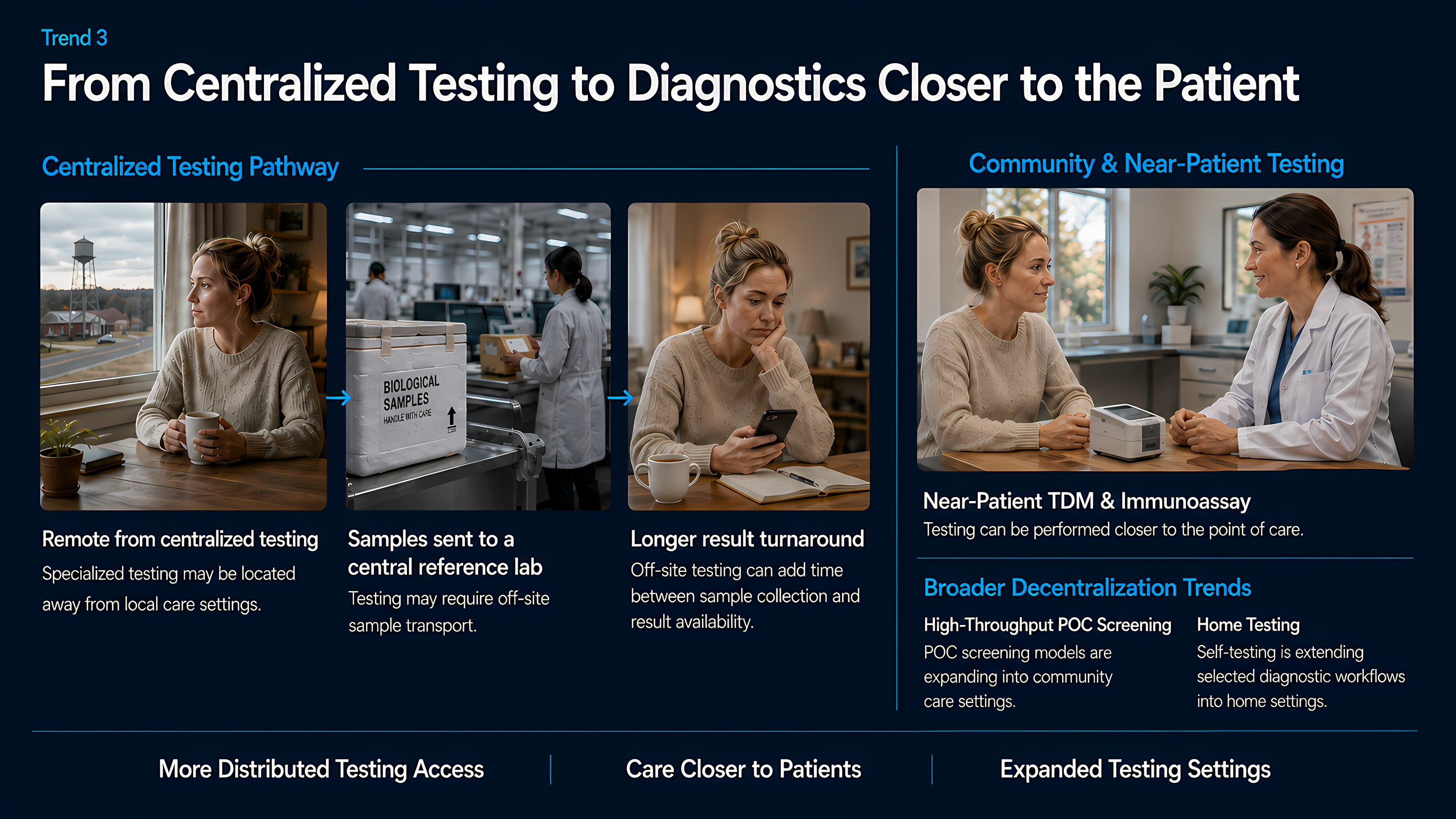 Decentralized diagnostics showing the shift from centralized laboratory testing to near-patient testing, point-of-care screening, community care, and selected home-testing settings.