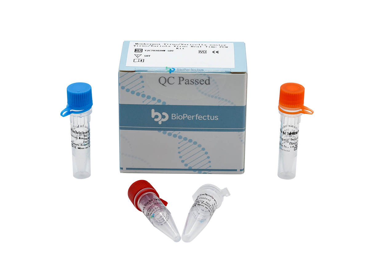 BioPerfectus Monkeypox Virus/Varicella-zoster Virus/Variola Virus Real Time PCR Kit with reagent tubes for molecular testing.