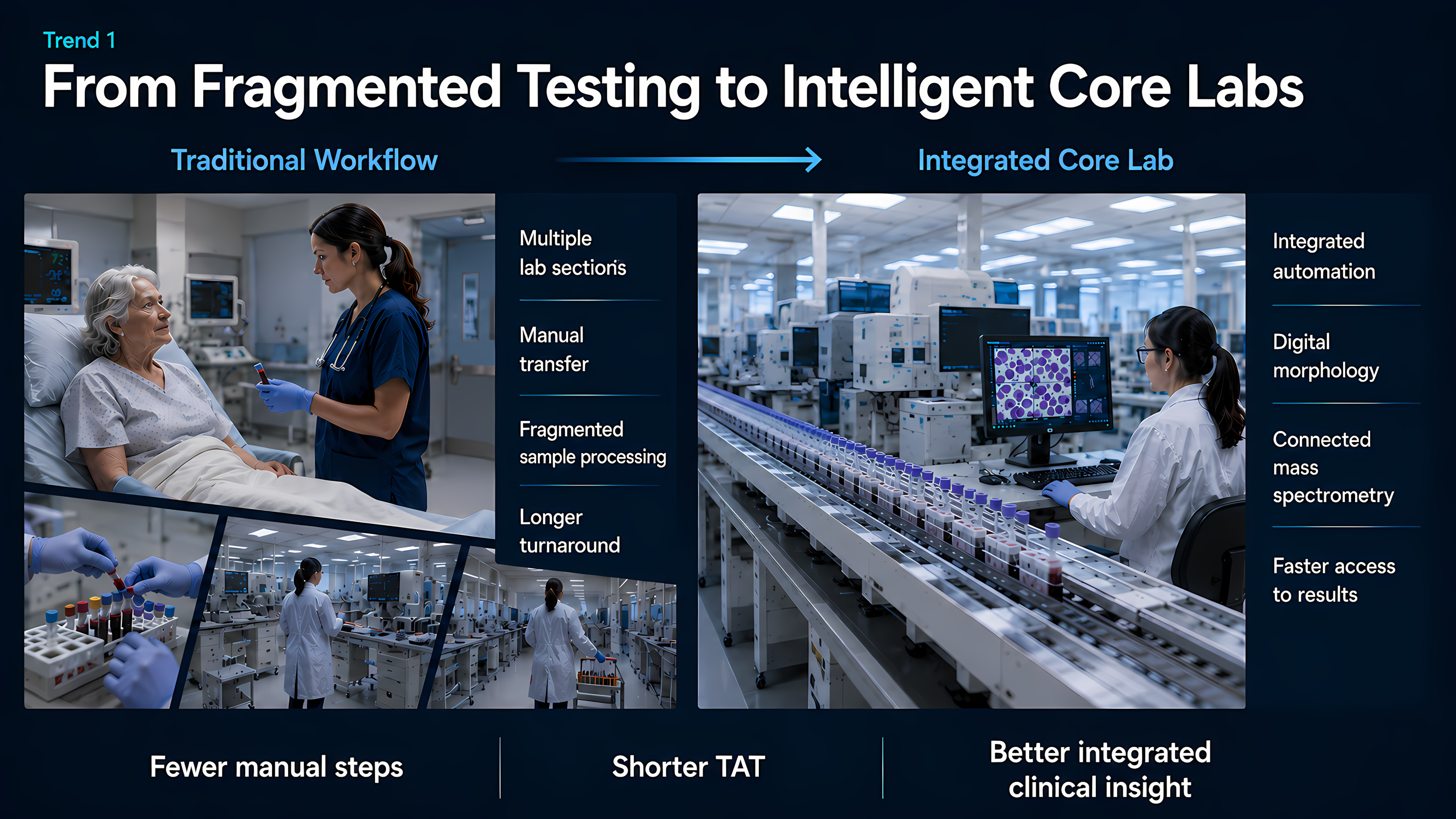 Comparison of fragmented laboratory workflows and integrated intelligent core laboratories using automation, digital morphology, and connected clinical mass spectrometry.