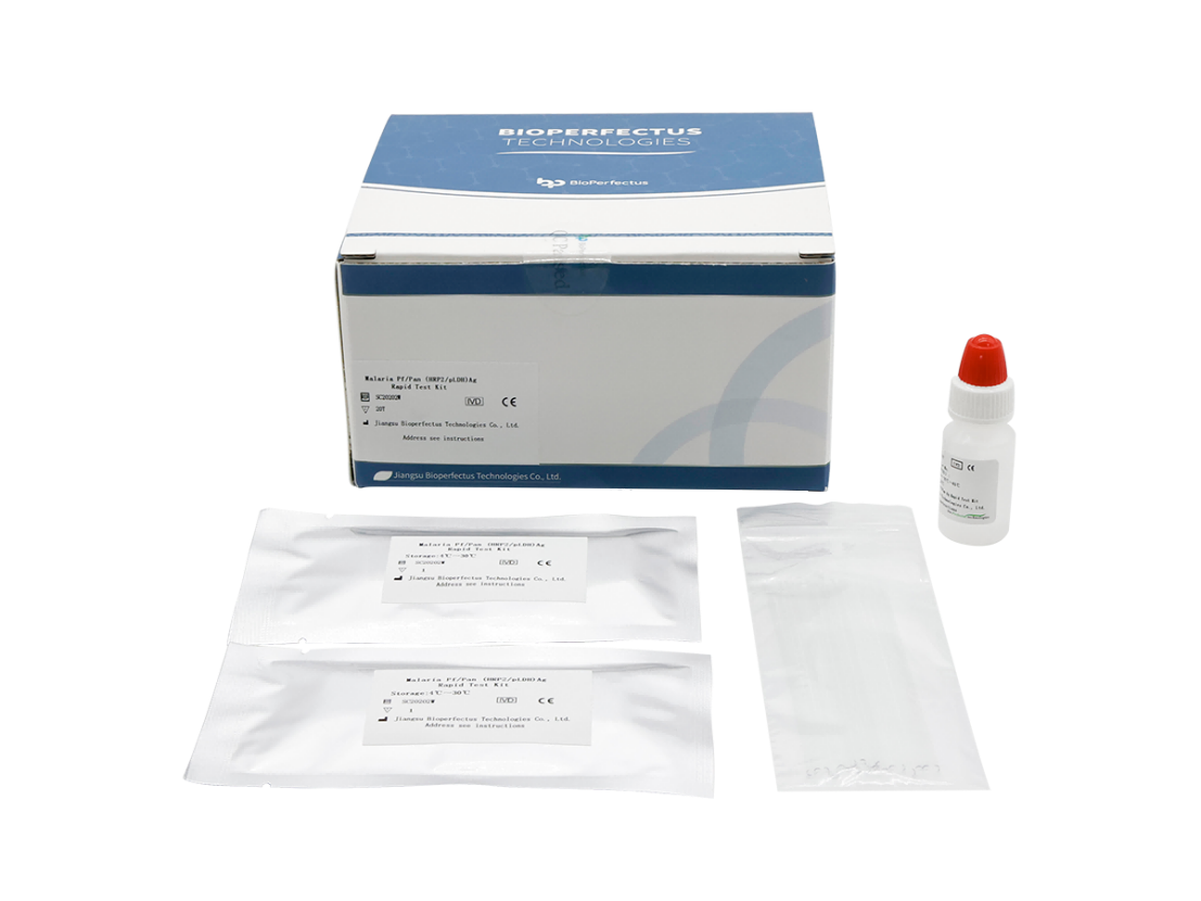 BioPerfectus Malaria Pf/Pan HRP2 pLDH Ag Rapid Test Kit with test components and buffer bottle for malaria antigen detection