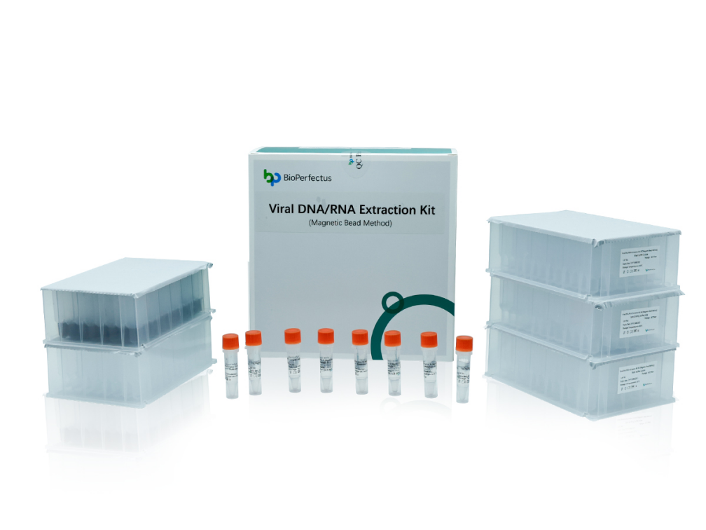 BioPerfectus Viral DNA/RNA Extraction Kit (Magnetic Bead Method) with kit components and consumables.